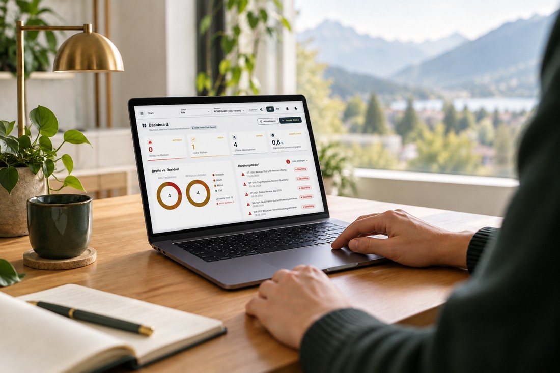 AI photo mockup of a workspace with the Sardona dashboard and test data on a laptop